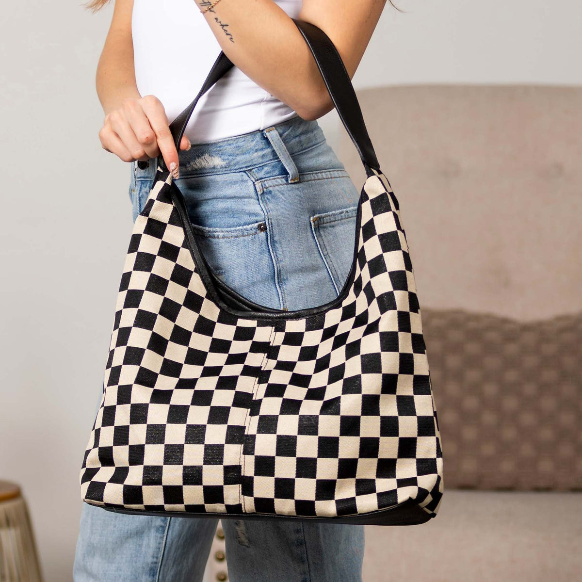 Checkered Hobo Bag for Women – Mixed Media Shoulder Bag with PU Leather Trim