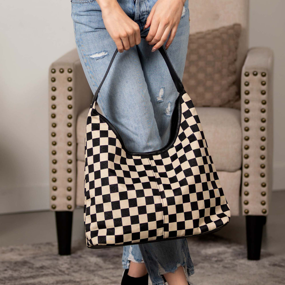 Checkered Hobo Bag for Women – Mixed Media Shoulder Bag with PU Leather Trim