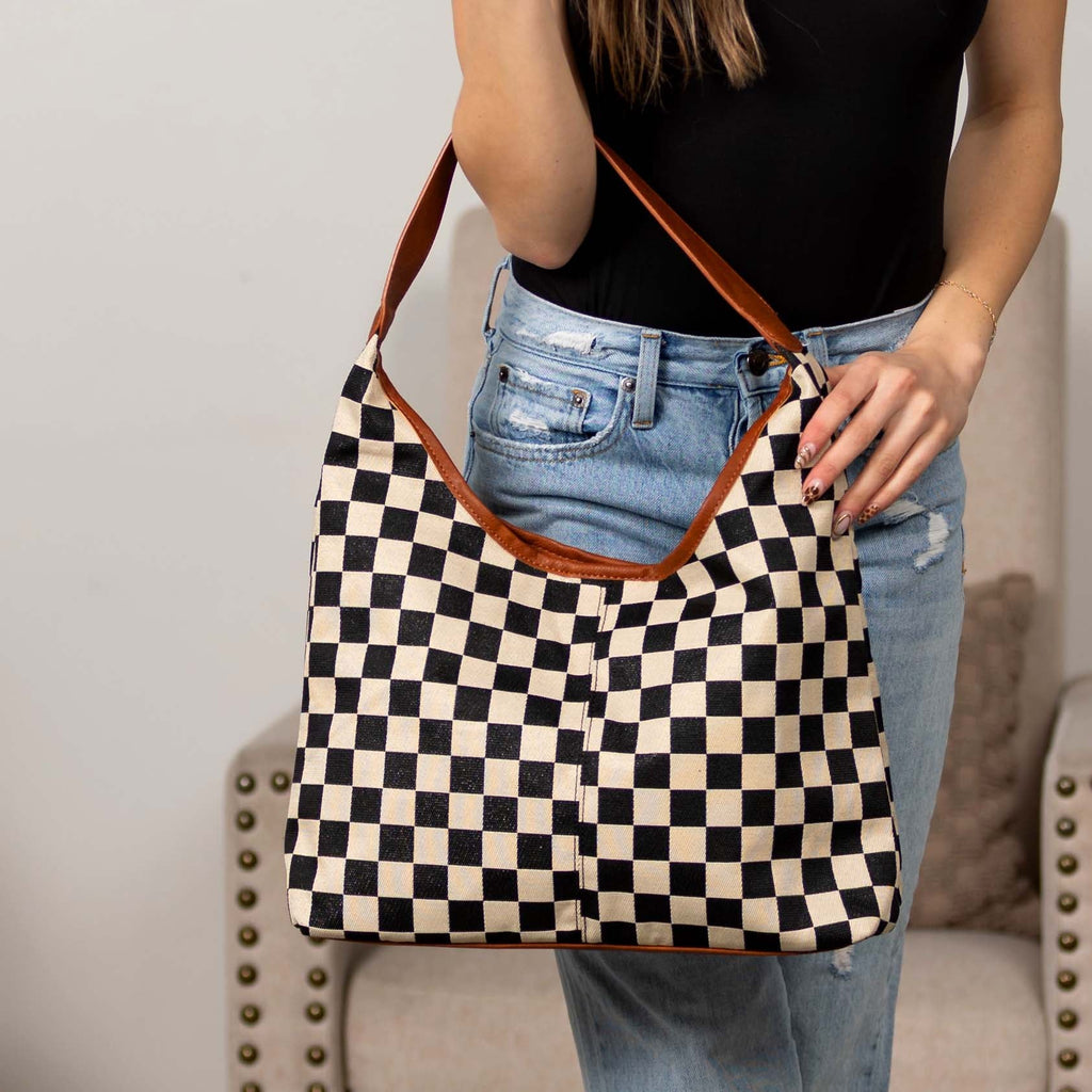 Checkered Hobo Bag for Women – Mixed Media Shoulder Bag with PU Leather Trim