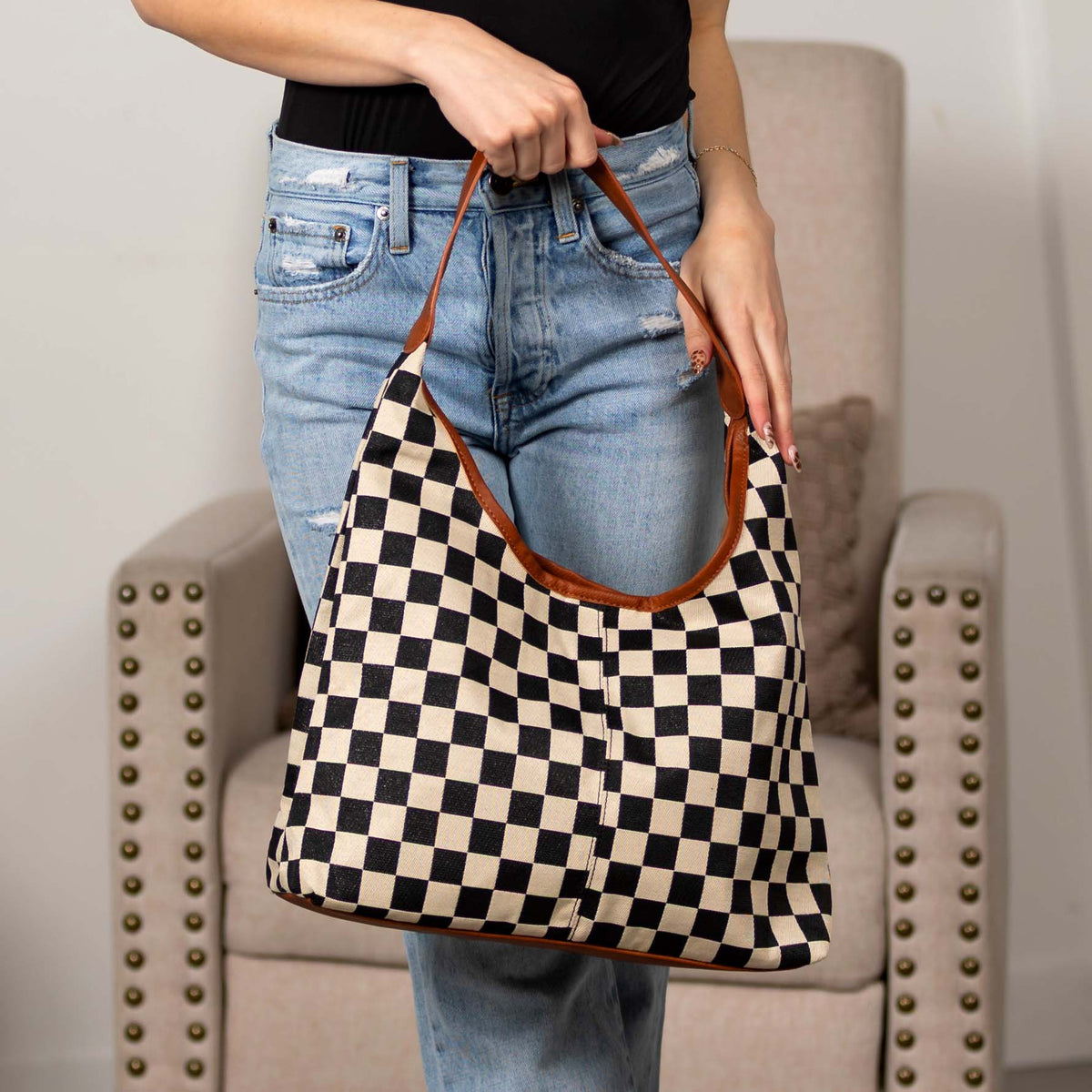 Checkered Hobo Bag for Women – Mixed Media Shoulder Bag with PU Leather Trim