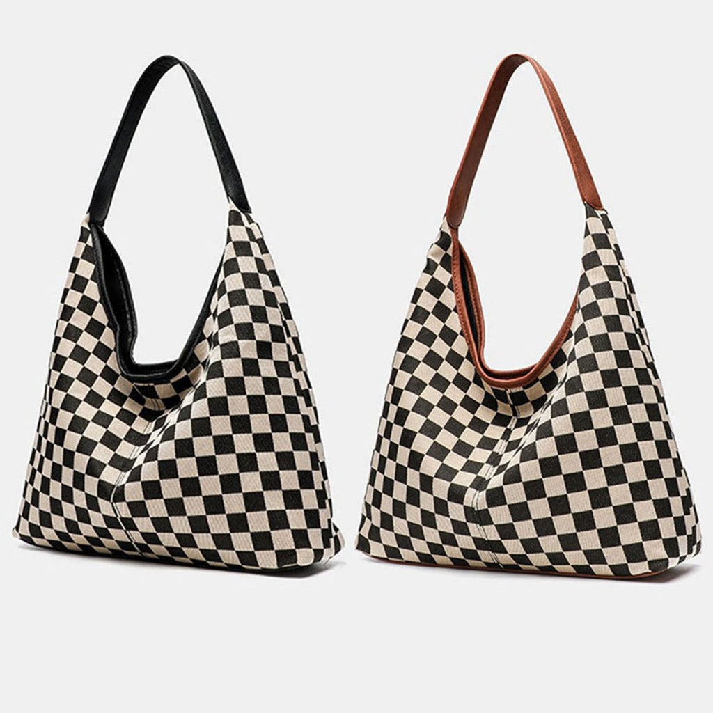 Checkered Hobo Bag for Women – Mixed Media Shoulder Bag with PU Leather Trim
