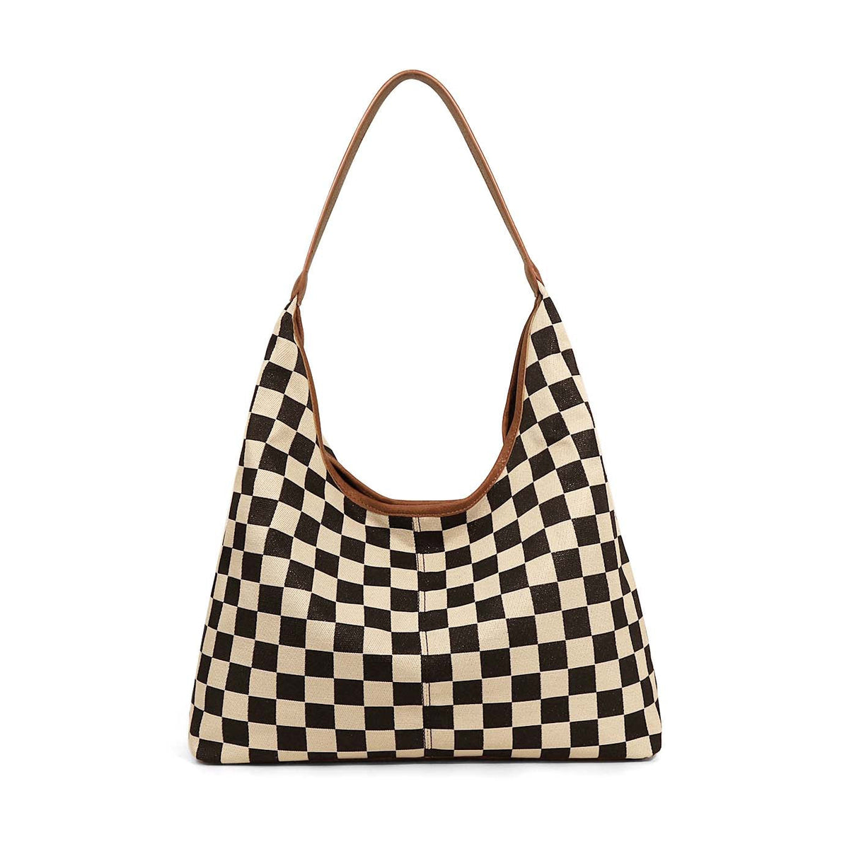Checkered Hobo Bag for Women – Mixed Media Shoulder Bag with PU Leather Trim