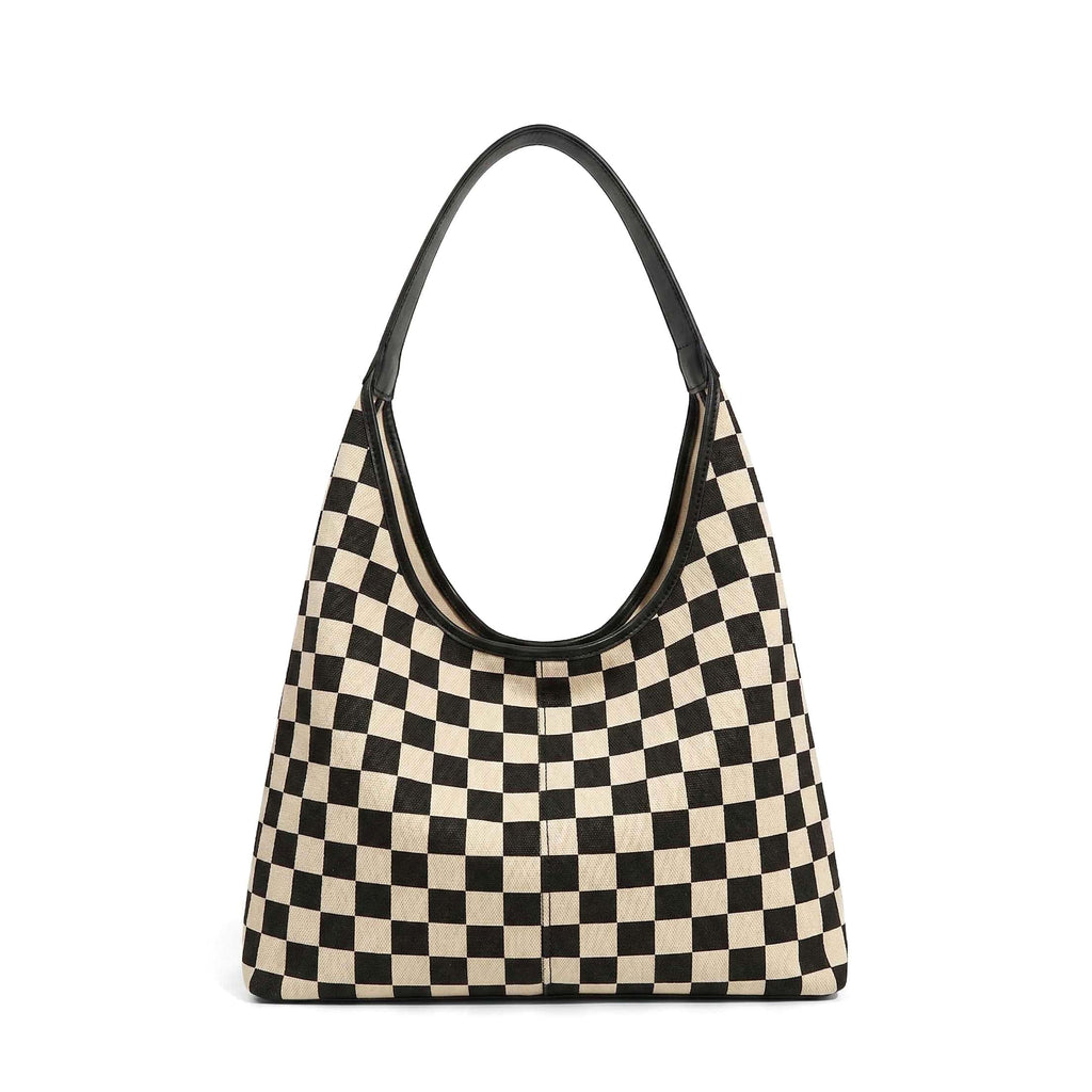 Checkered Hobo Bag for Women – Mixed Media Shoulder Bag with PU Leather Trim