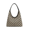 Checkered Hobo Bag for Women – Mixed Media Shoulder Bag with PU Leather Trim